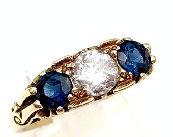 Victorian 14K Gold Three Stone Ring: Half Carat Old European Cut Diamond & Sapphire