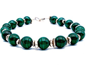 Sterling Silver & Malachite Bead Bracelet - 7.75"