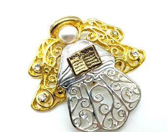 Faux Pearl, Gold & Silver Tone Angel Brooch With Bible
