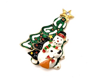 Vintage Gold-Tone Enameled Snowman & Christmas Tree Brooch