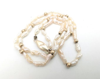 Vintage Rice Pearl & 14k Gold Beaded Necklace - 17"