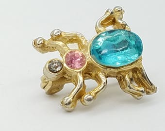 Darling Vintage Blue & Pink Rhinestone Spider Pin