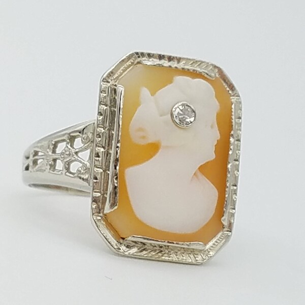 Antique 14K Cameo Ring & Diamond Ring , White Gold Filigree Setting - Size 5