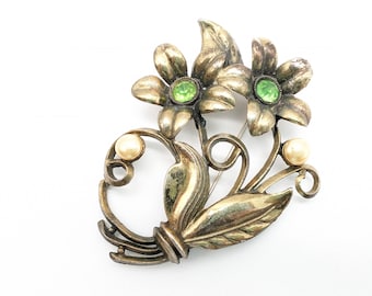 Signed Bronze & Green Rhinestone Floral Brooch - LN Little Nemo - 3.25"