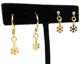 Gold Vermeil Sterling Silver Snowflake Dangle Earrings; Christmas Earrings, Holiday Earrings