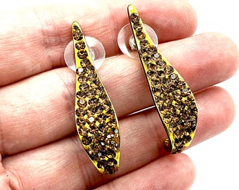 Pave Chocolate Brown Crystal Gold Tone Teardrop Richard Kerr Style Earrings - 1.75"