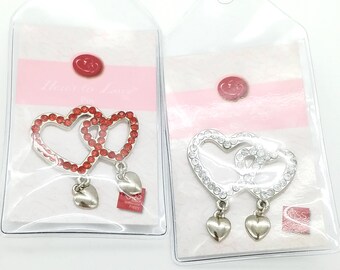 Old Stock RUSS "Here's to Love" Rhinestone Dangling Hearts Brooch in Original Packaging - Silver or Red