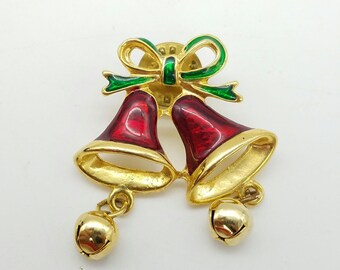 Vintage Red and Green Enameled Christmas Bells Lapel Pin