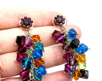 Vintage Rainbow Crystal Dangle Earrings - 2.25"
