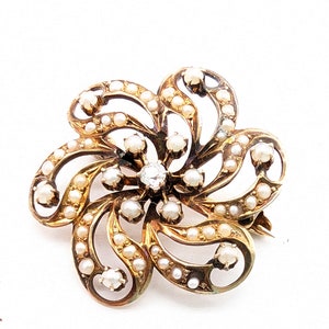Antique Victorian 14K Gold Seed Pearl & Diamond Floral Swirl Brooch - 1&quot;