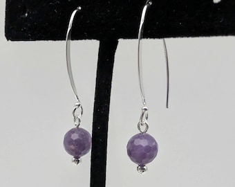 Sterling Silver Purple Lepidolite Bead Earrings; Dangle, Threader Earrings