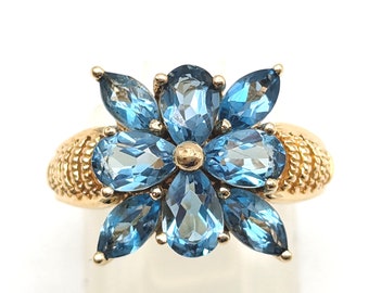 Vintage Blue Topaz & 10K Gold Floral Statement Ring - Size 6