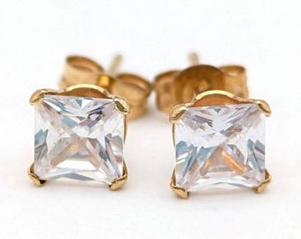 14K Gold Princess Cut .75 Carat CZ Stud Earrings - 4mm