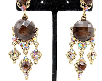 Boho Aurora Borealis Brown Rhinestone Gold Tone Dangle Earrings - 2.5"