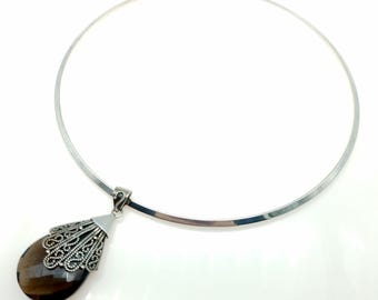 Vintage Sterling Silver Collar Choker Necklace With Smoky Quartz Pendant