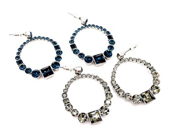 Vintage Givenchy Blue or Gray Crystal Circle Dangle Earrings - 1.25"
