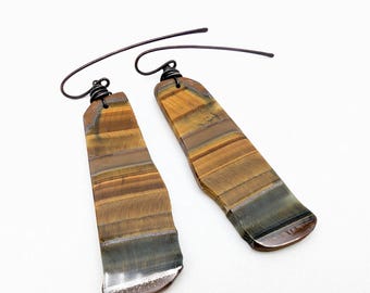 Artisan Abstract Tigers Eye & Oxidized Copper Wire Dangle Earrings - 2.75"
