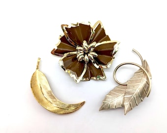Three Vintage Gold Tone Leaf Brooches
