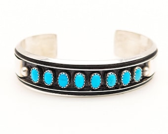 Hopi Sterling Silver & Turquoise Cuff Bracelet Signed Marshall Jenkins