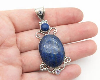 Vintage Artisan Blue Lapis & Amethyst Sterling Silver Pendant