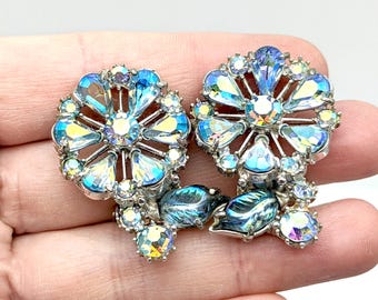 1950's Hollycraft Blue AB Rhinestone Floral Clip Earrings - 1 3/8"