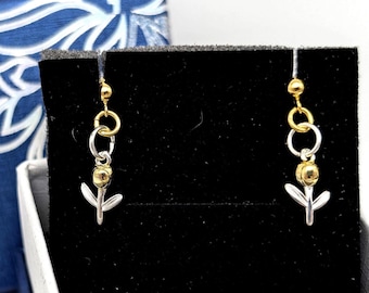 Sterling Silver & 18K Gold Vermeil Tulip Dangle Earrings; Dual Color, Flower Earrings