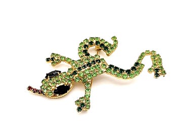 Vintage Green Rhinestone Studded Garden Lizard / Gecko Brooch - 2.75"