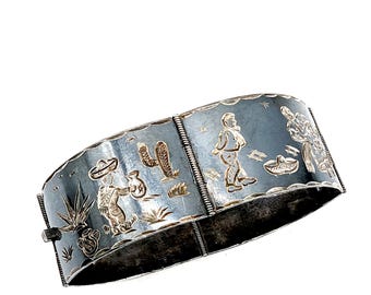 Mid-Century Sterling Silver Mexico Storyteller Niello Panel Bracelet - 7.5"