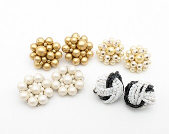 Four Pairs of Vintage Beaded Clip On Earrings in Black, White & Gold