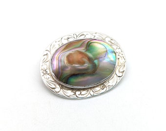 Vintage Sterling Silver Abalone & Blister Pearl Brooch