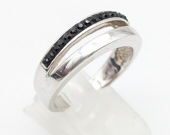 Vintage Sterling Silver & Black Swarovski Crystal Double Band Ring - Size 9