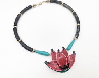 Vintage Enameled Pink Lotus Flower Pendant Necklace - 16"