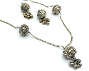 Vintage Silver Tone Belly Dancer Boho Bell Earrings & Necklace Set