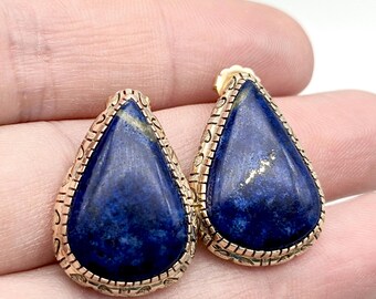 14K Yellow Gold & Teardrop Natural Blue Lapis Lazuli Earrings - 1" Long, 6.3 Grams
