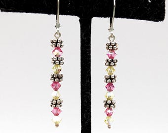 Sterling Silver & Pink and Yellow Swarovski Crystal Bead Dangle Earrings - 2"