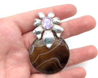 Artisan Botswana Agate, Amethyst & Sterling Silver Floral Pendant