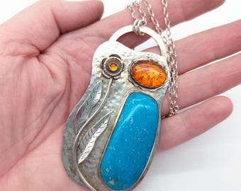 Turquoise & Sterling Silver Modernist Leaf Pendant Necklace