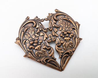 Vintage Victorian Style Floral Heart Pressed Copper Heart Brooch - 2.5"