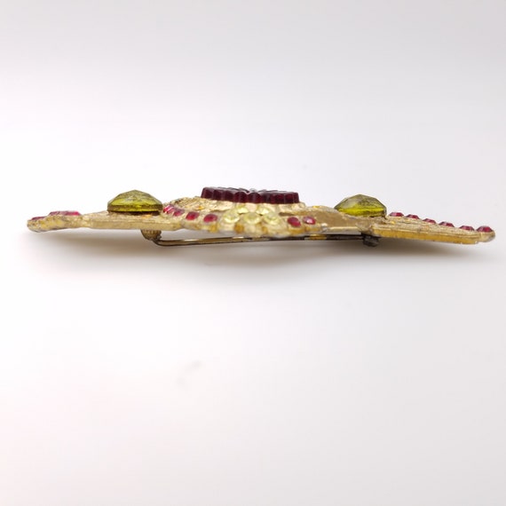Rare Art Deco Red Glass & Gold Tone Brooch With R… - image 4