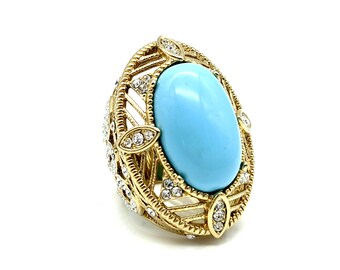 Vintage Signed Gold Plated Faux Turquoise Statement Ring - Size 6