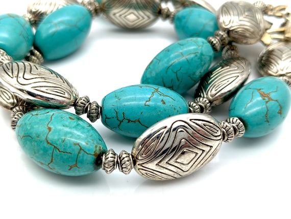 Vintage Faux Turquoise Glass & Etched Silver Bead… - image 9
