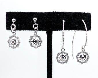 Sterling Silver Spiderweb Dangle Earrings, Threader, Stud, Halloween Goth, CZ Spiderweb
