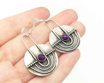 Modernist Artisan Amethyst & Sterling Silver Dangle Earrings