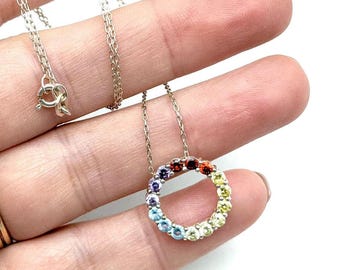 Sterling Silver Rainbow Gemstone  Circle/Wreath Pendant Necklace 18"