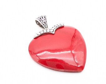 Large Sterling Silver & Red Lucite Heart Pendant By Samuel B - 1.75"