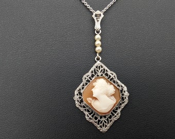 Antique 10k Gold Filigree Cameo & Seed Pearl Pendant Necklace - 15"