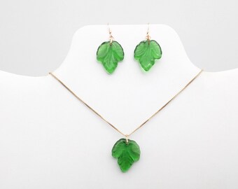 Vintage 14K Rose Gold Filled Gold Green Glass Earrings & Pendant Necklace Set