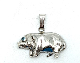 Vintage 14 & 10K White Gold and Blue Diamond Pig Pendant