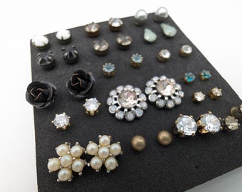 17  Pairs of Vintage Stud Earrings: Rhinestone, Crystal, Cz, Faux Pearl & More