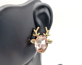 Vintage Pink Crystal Gold Plated Deer Stud Earrings